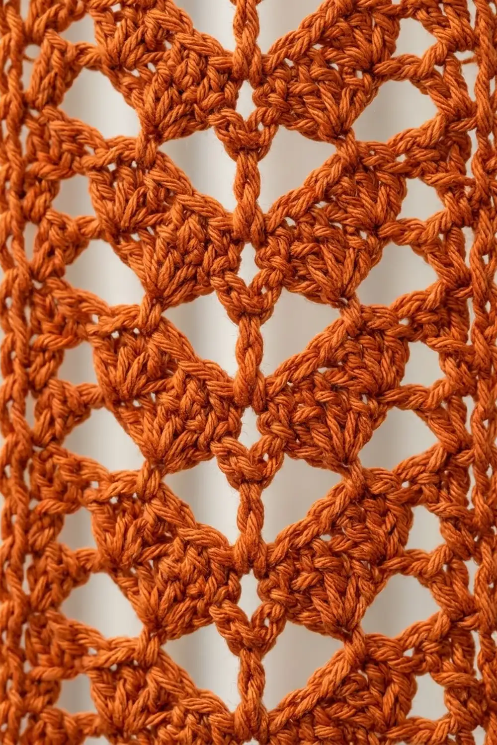 Close-up of orange crocheted lace fabric with an intricate diamond pattern and open mesh design against a white background.