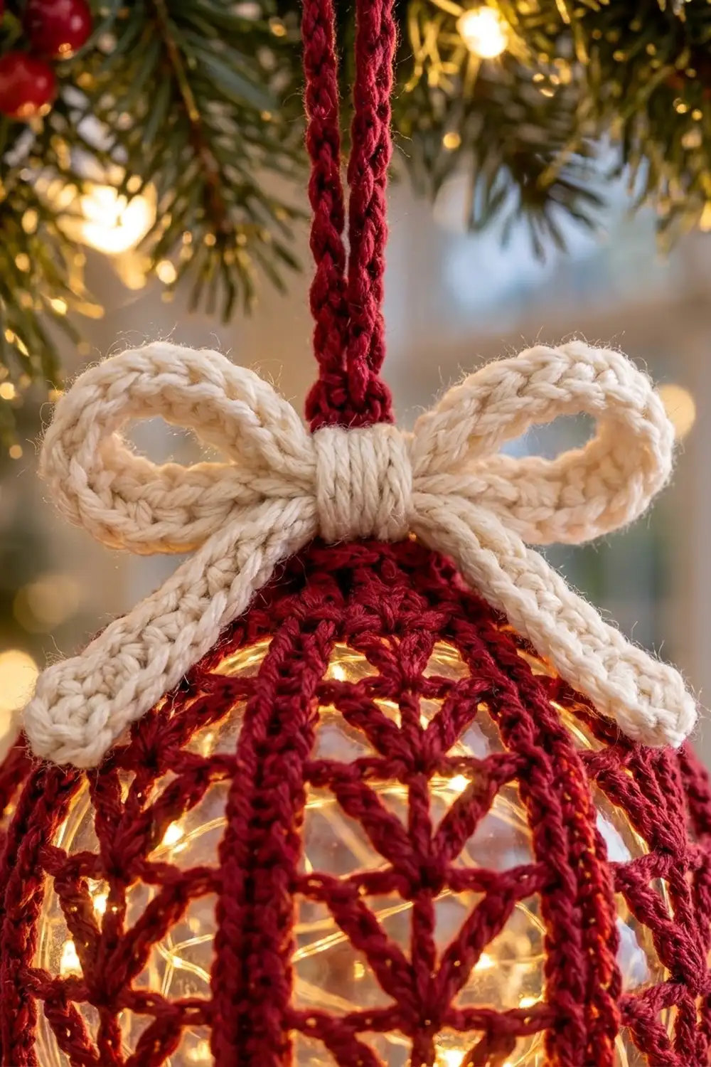 A handmade rope ornament with a red knitted bell and cream bow hangs from evergreen branches with warm lights.