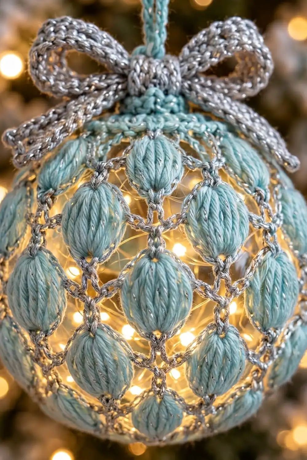 A turquoise and silver beaded ornament with warm lights glowing inside, topped with a silver bow.