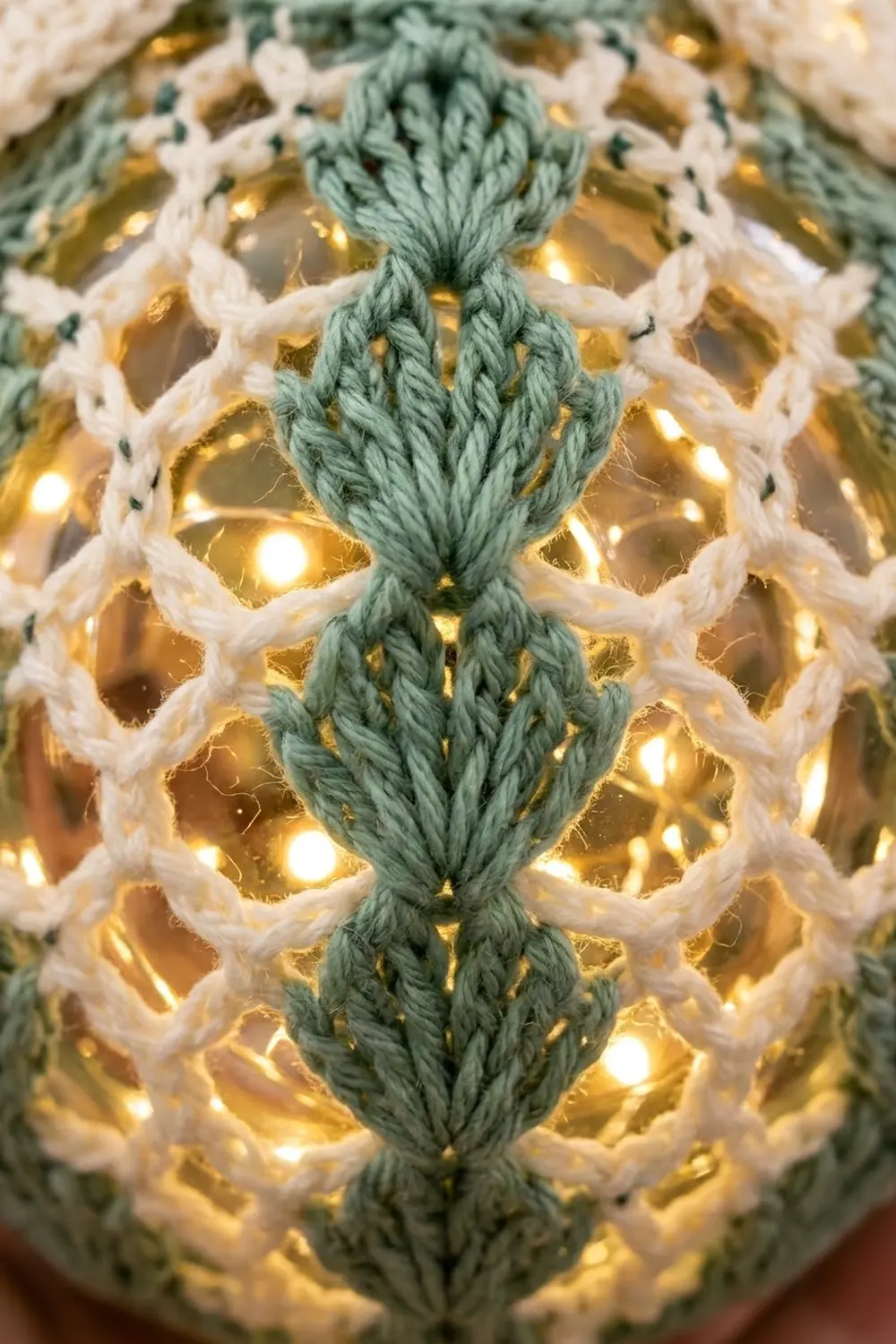 Close-up of crocheted texture with sage green and cream yarn featuring warm golden fairy lights woven throughout.