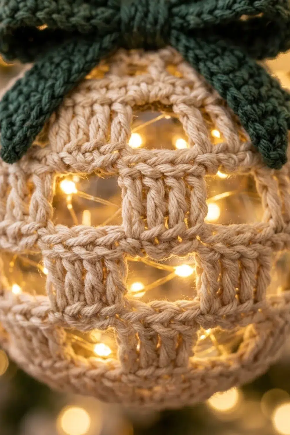 Close-up of cream-colored macramé lantern with warm gold fairy lights inside, topped with dark green knit fabric.