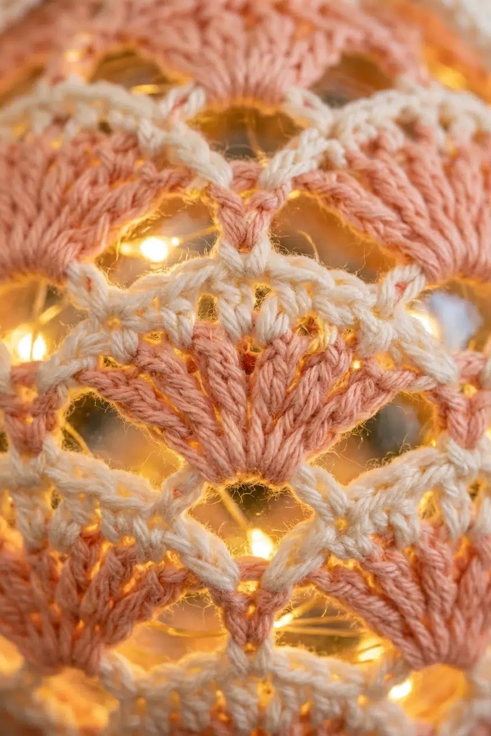 Crocheted textile in cream and dusty rose with warm golden fairy lights glowing through open lacework pattern.