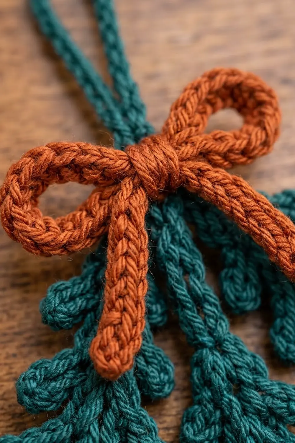 An orange rope tied in a knot over two teal-colored ropes on a wooden surface.