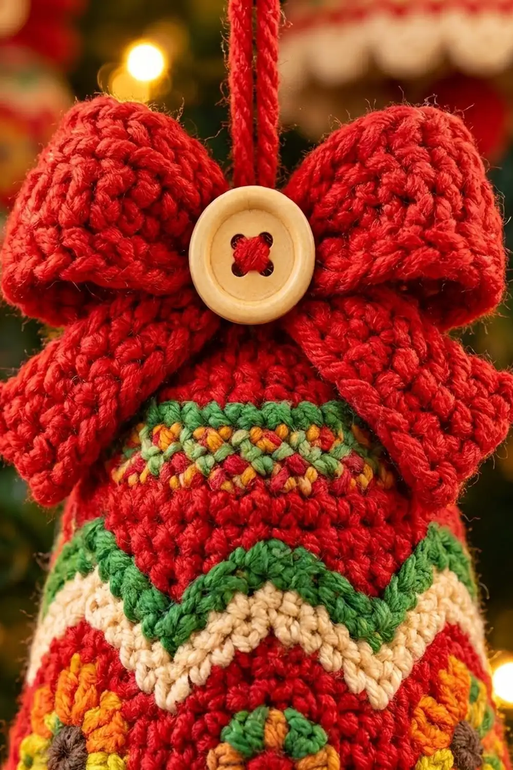 Handmade red knitted Christmas ornament with wooden button and colorful striped body hanging from red cord.