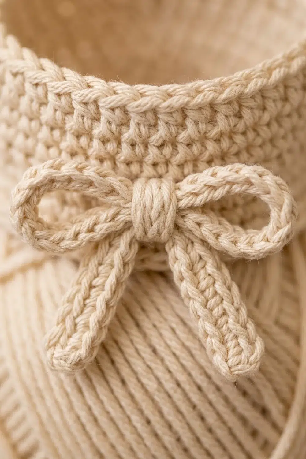 Close-up of a natural jute rope bow tied on a textured beige knitted fabric surface.