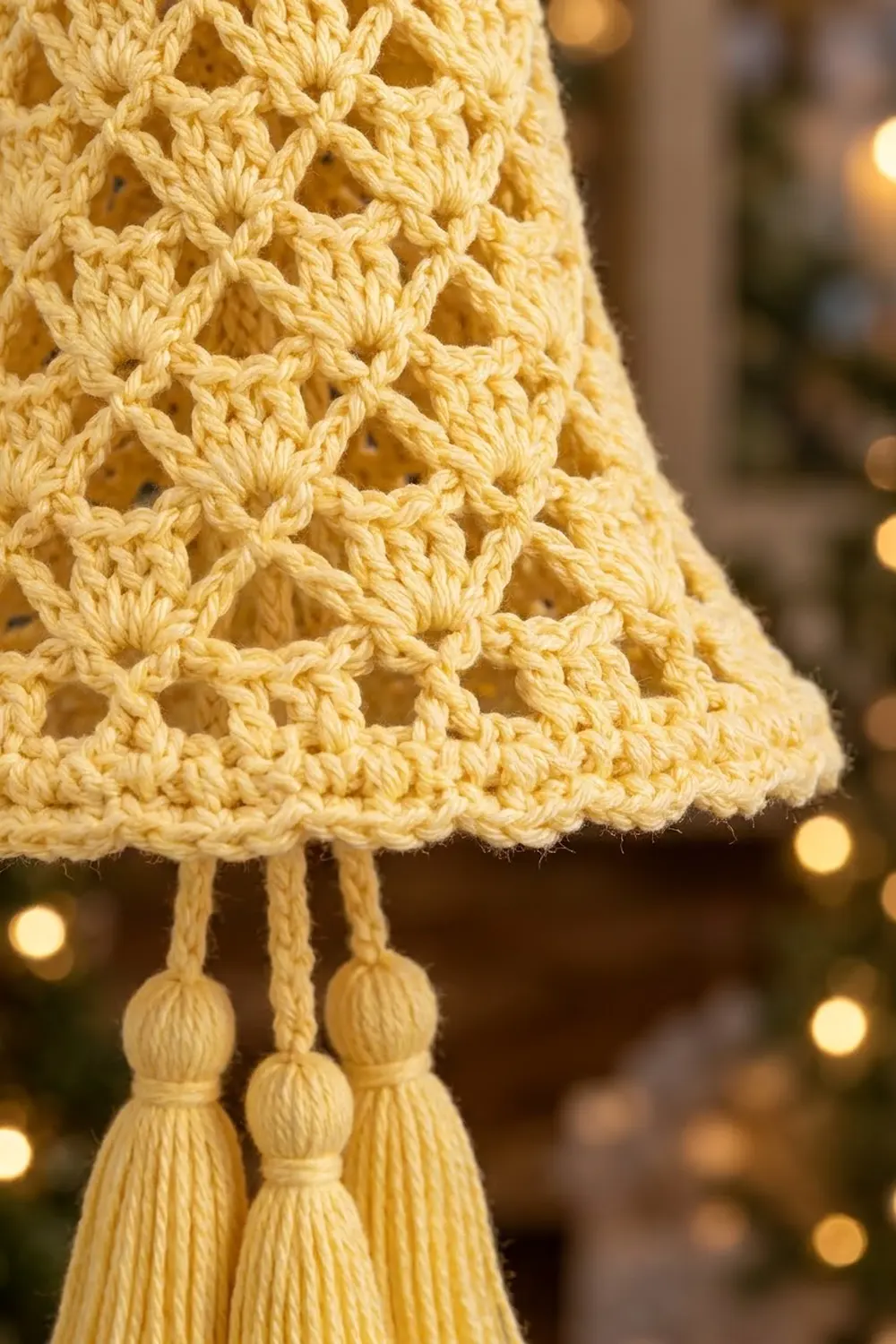 A cream-colored crocheted ornament with decorative tassels hanging against a blurred festive background with warm lights.