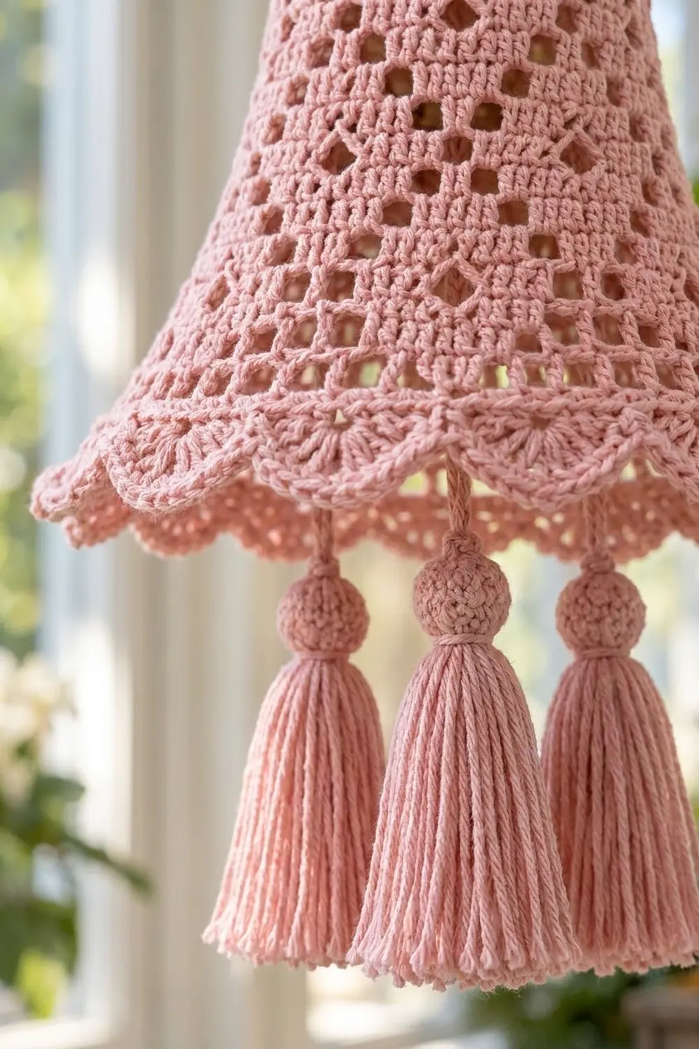 Close-up of a pink crocheted lampshade with openwork pattern and decorative tassel fringe trim.
