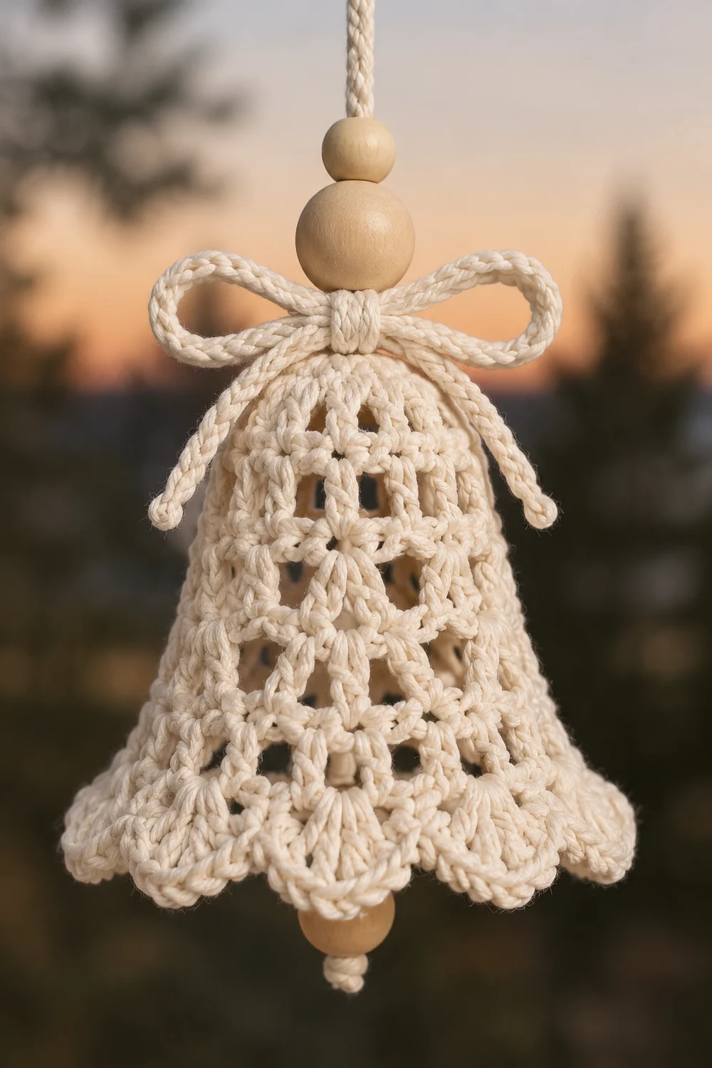 A crocheted cream-colored bell ornament with wooden beads and bow hangs against a blurred sunset landscape.