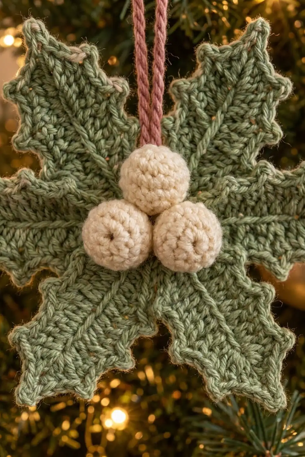 A crocheted sage green holly leaf ornament with three cream-colored berries hanging from a pink ribbon.