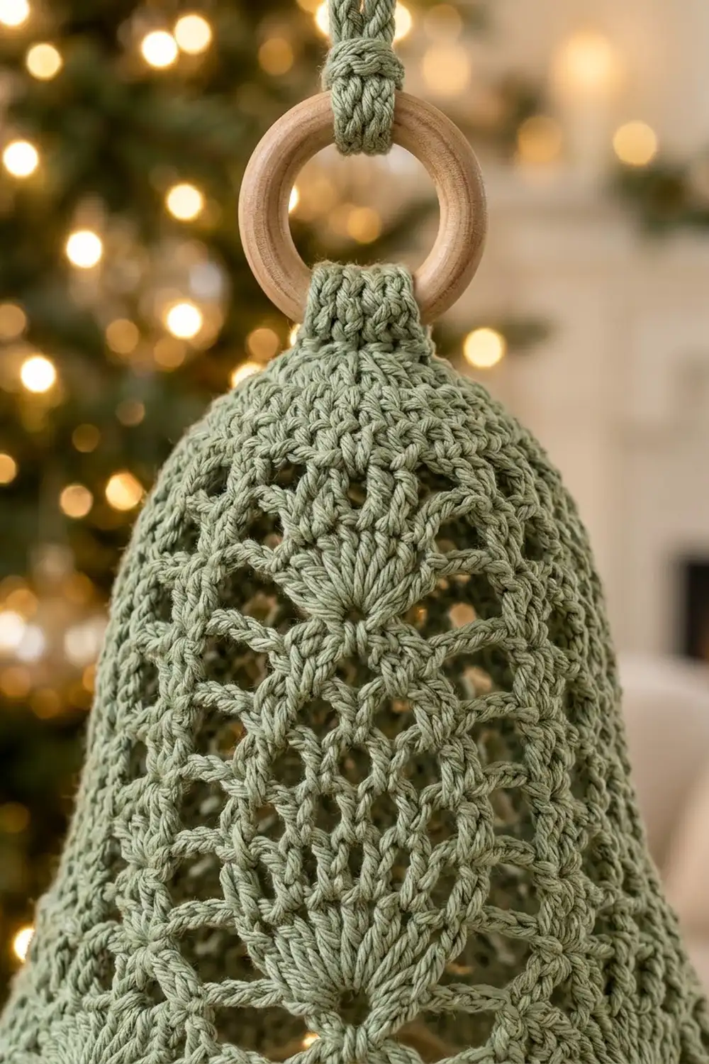 A sage green crocheted bell ornament with wooden ring, hanging against blurred Christmas lights.