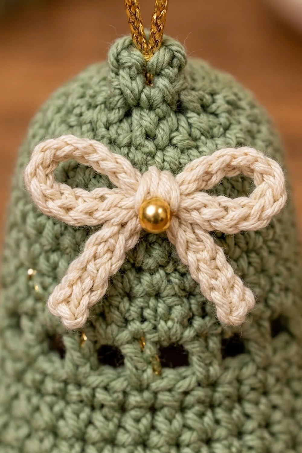 A sage green crocheted ornament with a cream-colored bow and gold bead detail hanging from a gold cord.