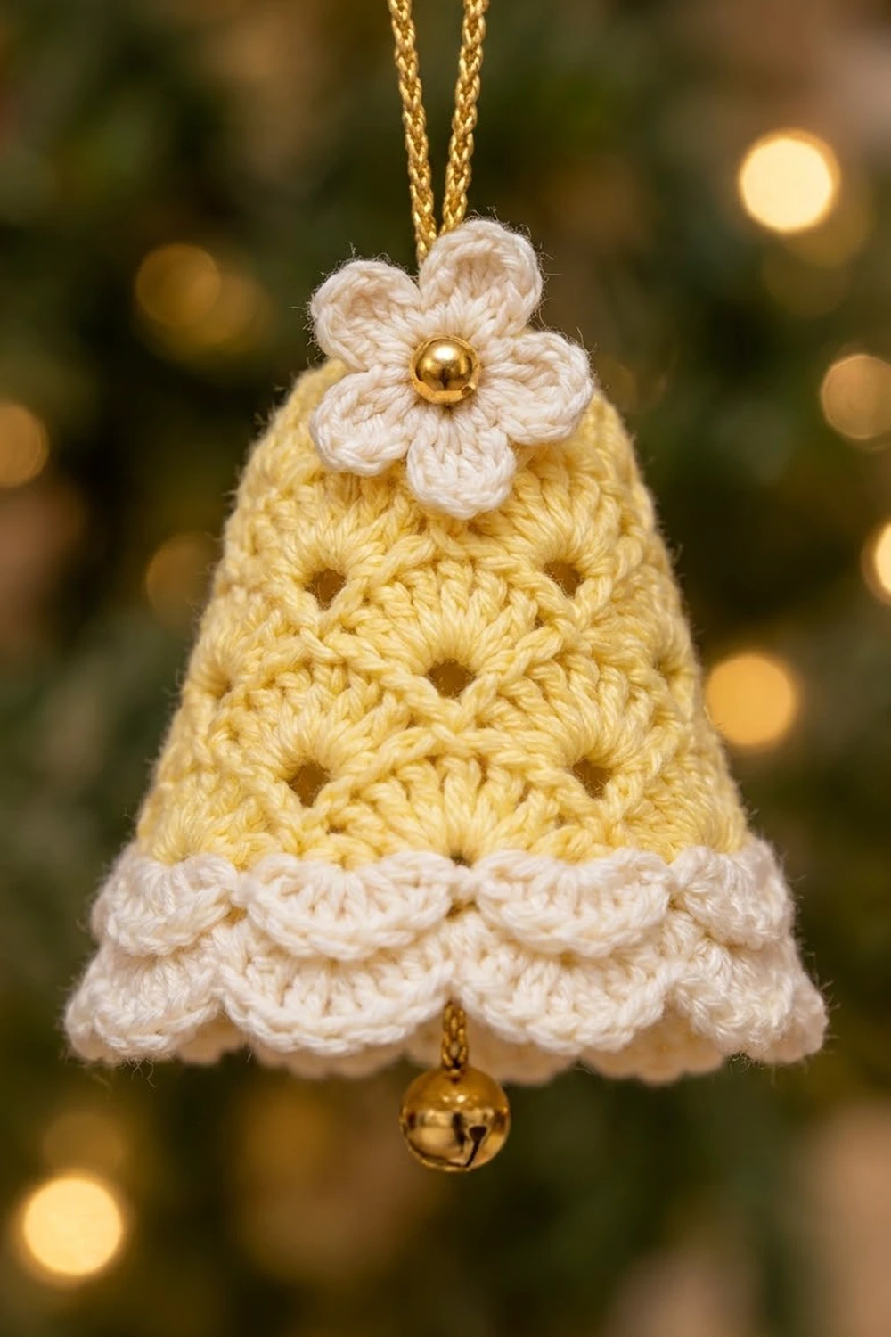 A crocheted yellow bell ornament with white scalloped trim and a flower topper, hanging with gold accents.