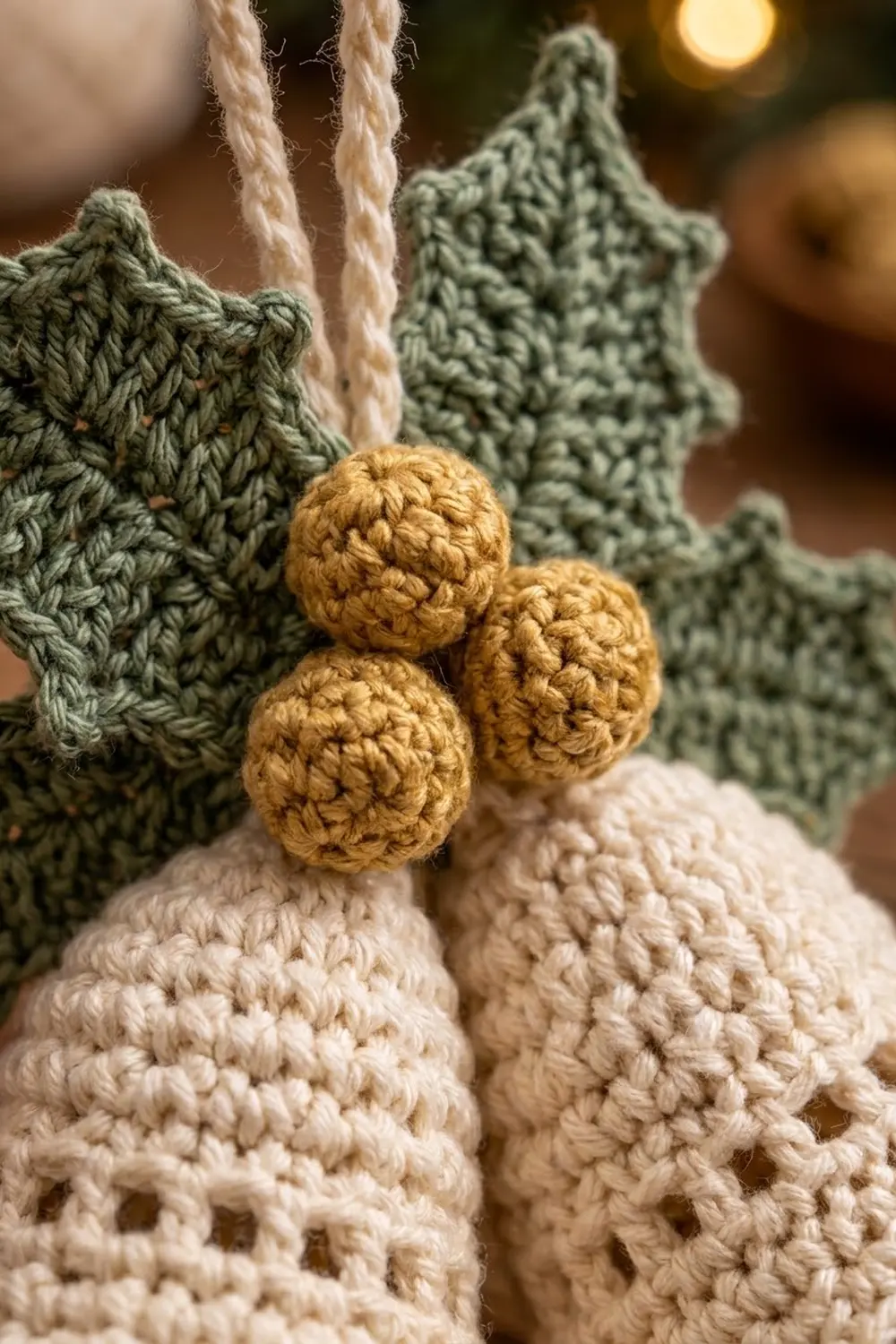 Crocheted cactus ornaments with golden berries and cream-colored pot hanging decorations.
