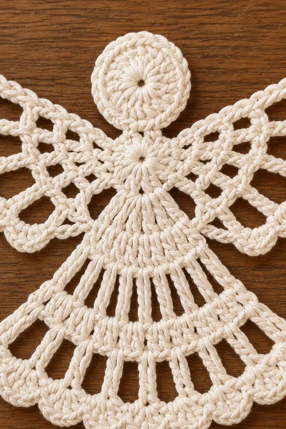 A cream-colored macramé angel ornament with a round head and fringed dress displayed on a wooden surface.