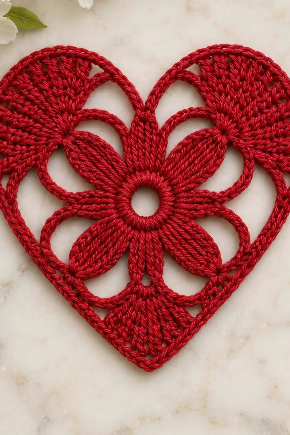 A red crocheted heart with floral motifs displayed on a marble surface with white flowers nearby.