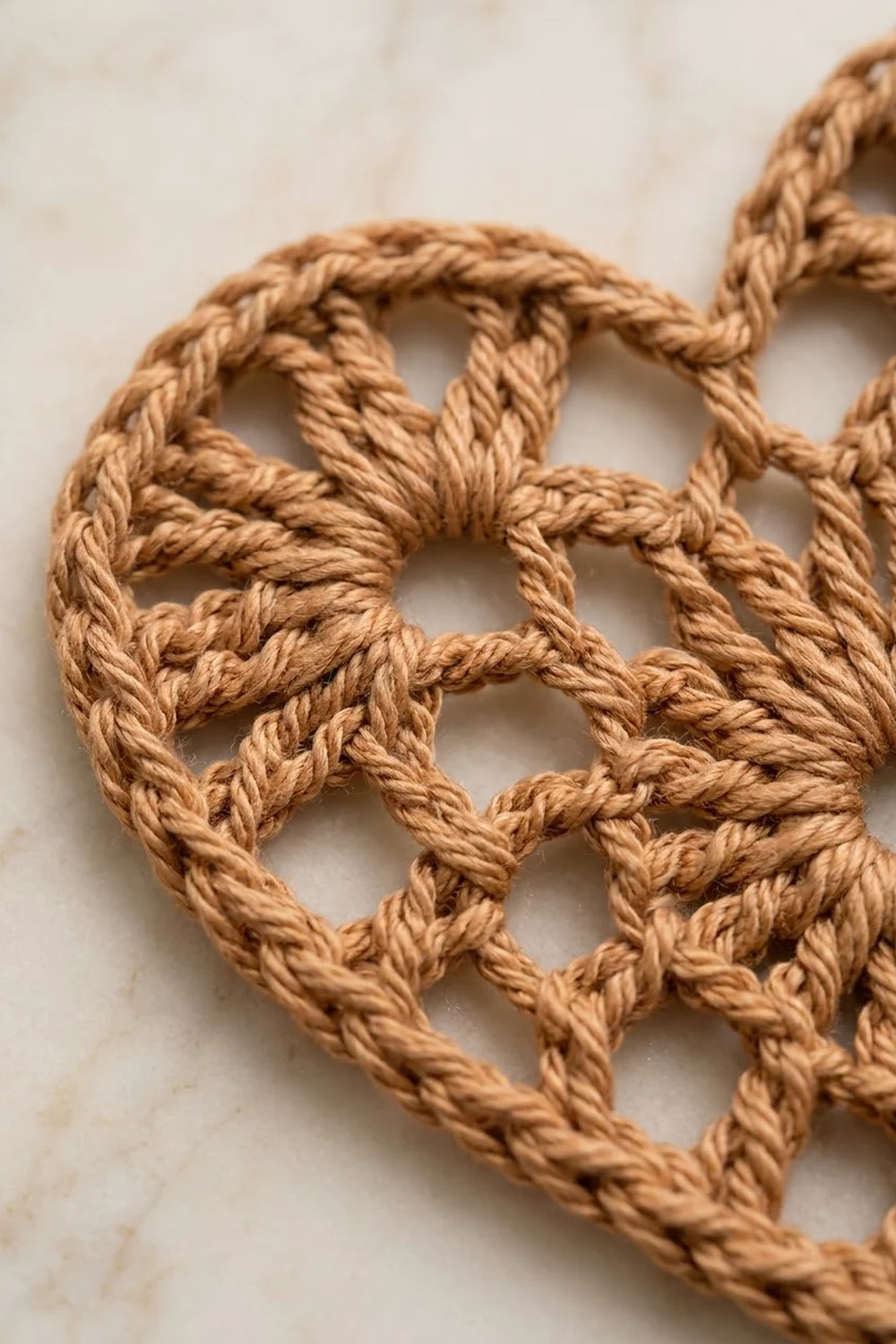 Twisted natural jute rope arranged in a heart shape on a light beige linen background.
