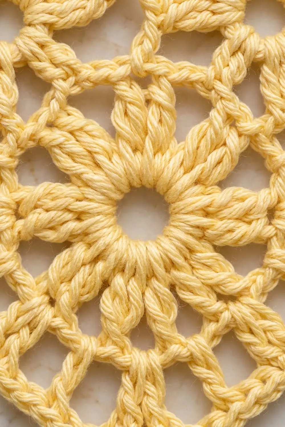 Close-up of twisted yellow rope arranged in an interlocking circular knot pattern against a white background.