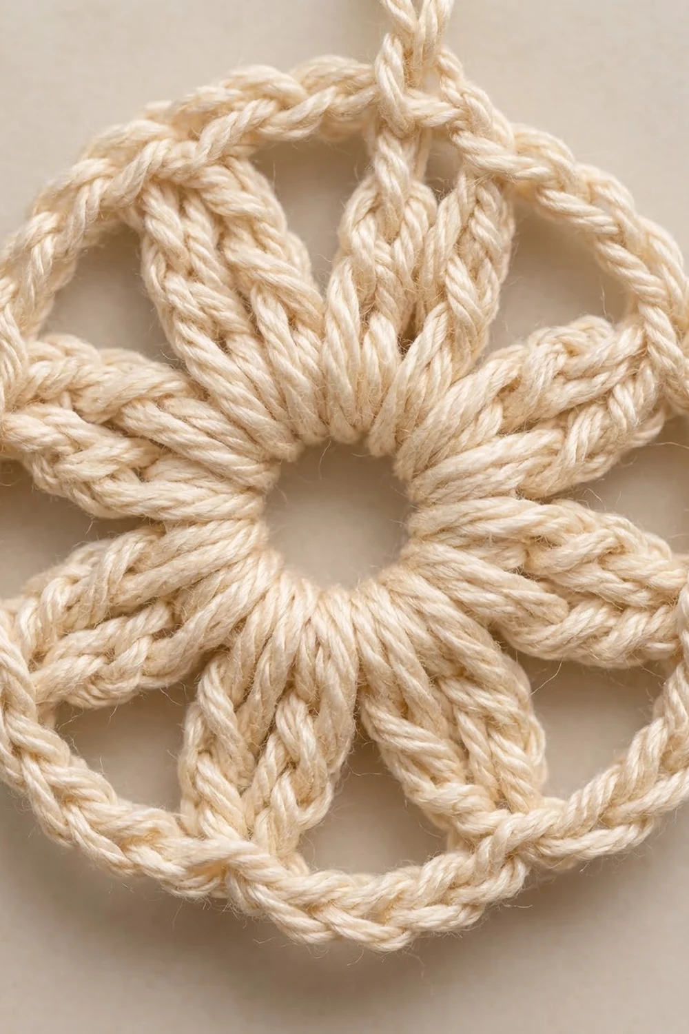 Close-up of natural jute rope twisted into decorative knots against a neutral beige background.