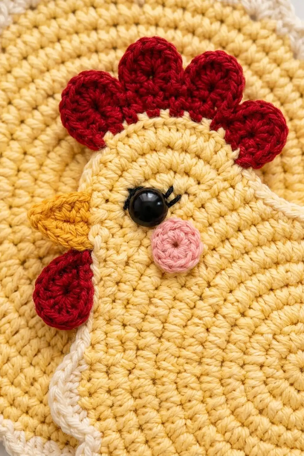 Crocheted yellow bear with red ears, pink nose, black eye, and gold snout on textured yellow background.