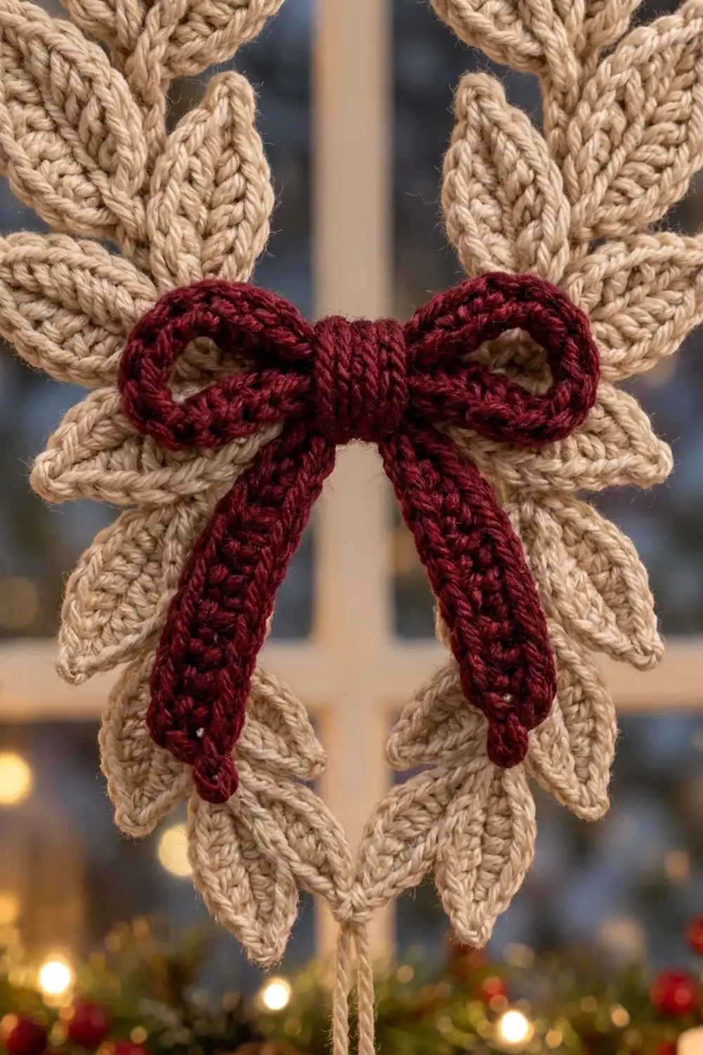 Crocheted beige wreath with red bow ornament hanging on window during holiday season.