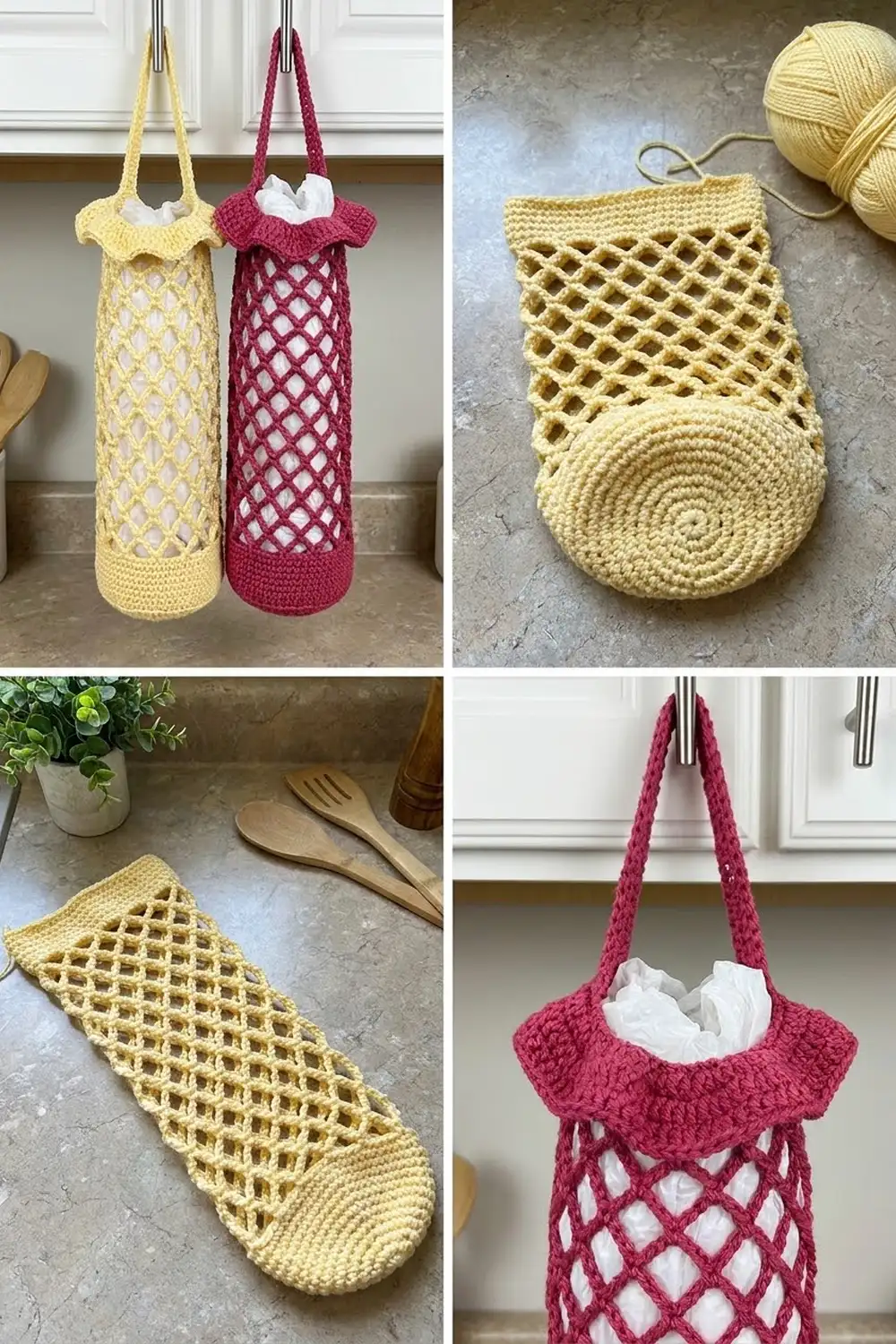 Four crocheted mesh bags in yellow and burgundy with circular bases and ruffled tops displayed in various stages of completion.