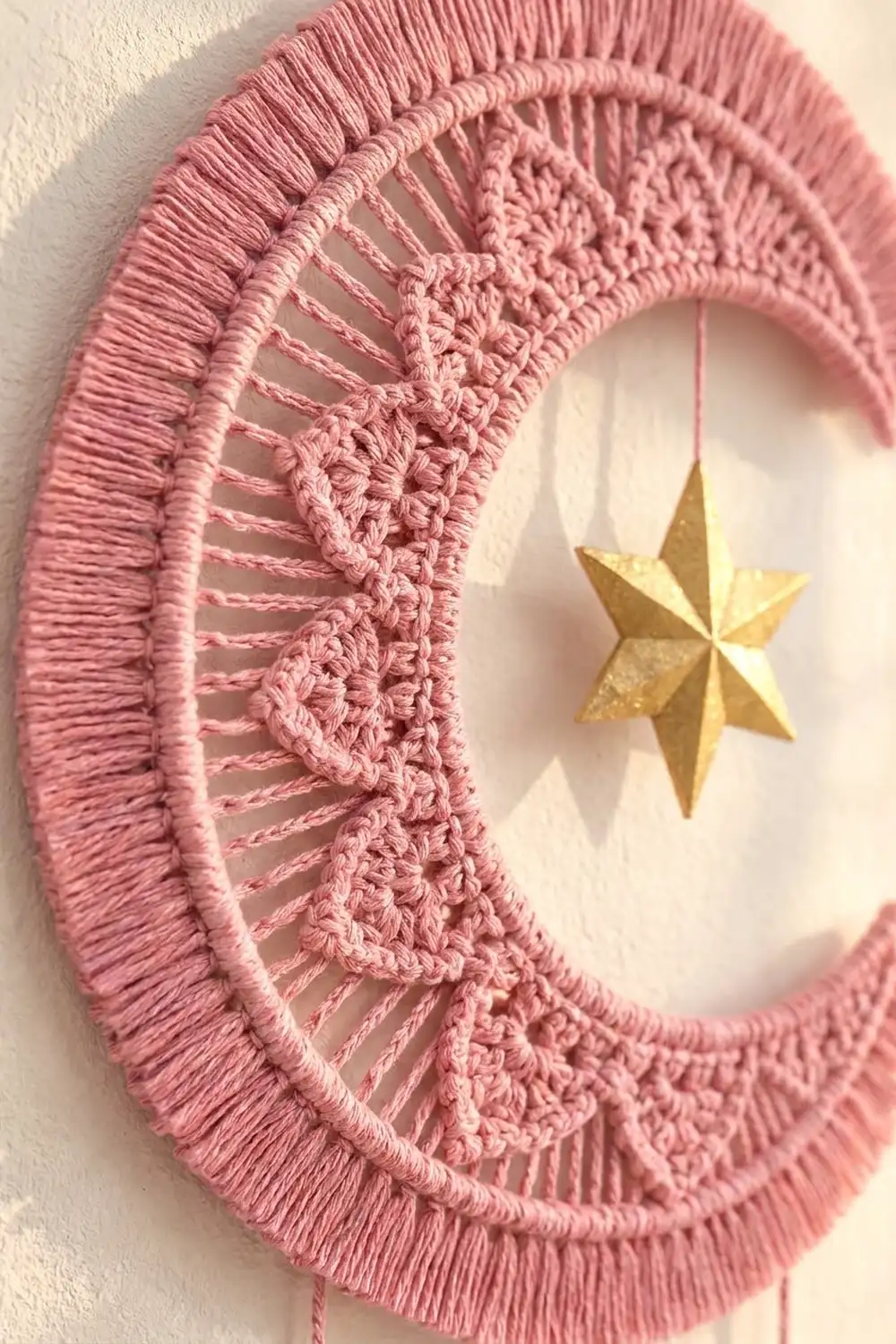 Pink macramé wreath with intricate knotwork and fringe trim, decorated with a hanging gold star ornament.