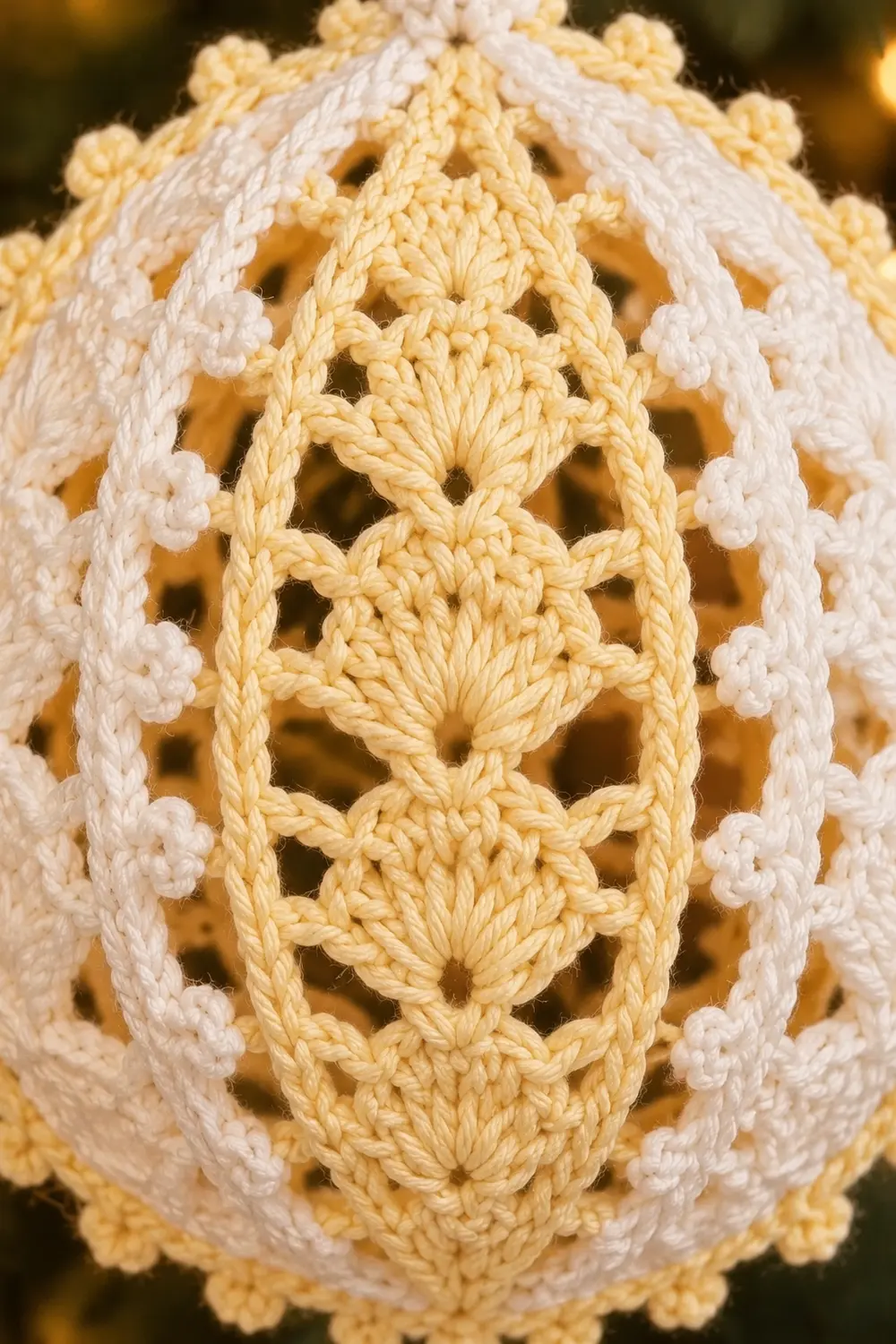 Close-up of an intricate crocheted egg ornament with cream and yellow yarn in delicate lace pattern detail.