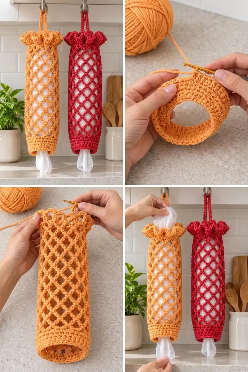 Crocheted pineapple-shaped kitchen towel holders in orange and red yarn displayed as finished products.