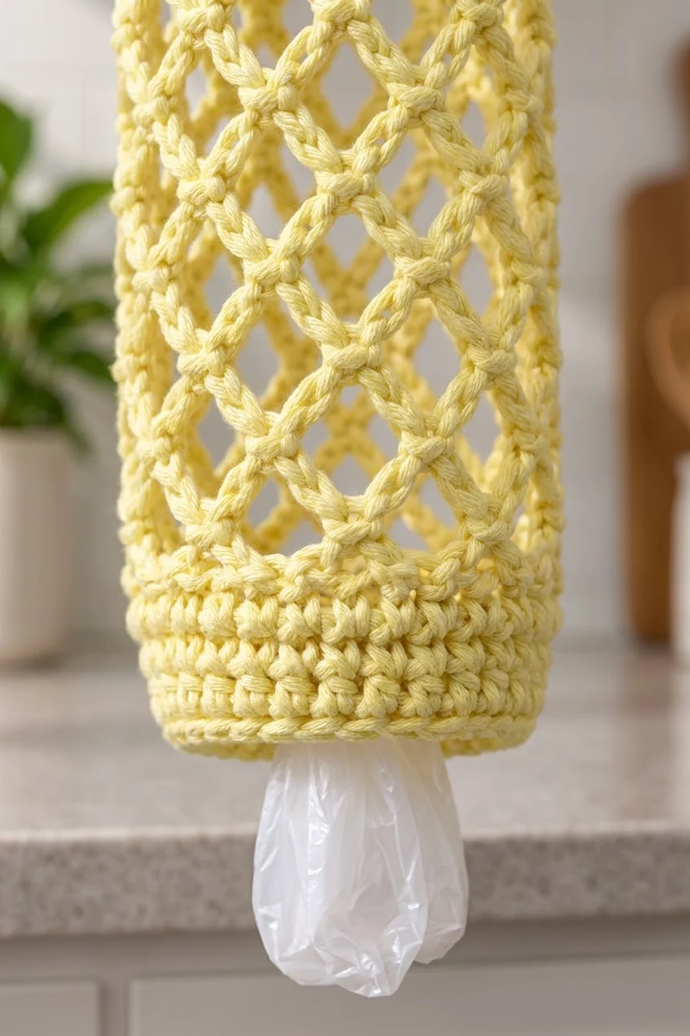 A pale yellow crocheted mesh plant hanger with a white plastic pot base hanging indoors near green foliage.