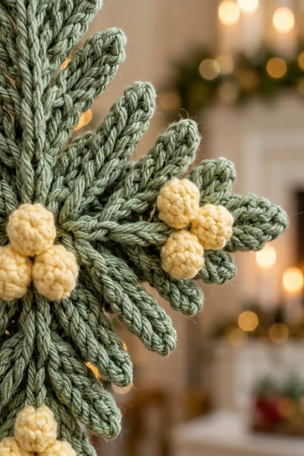 Close-up of evergreen branch with pale yellow berries against blurred warm holiday lights in background.