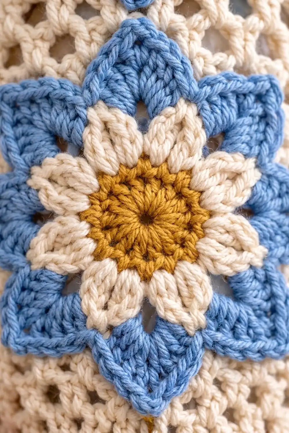 A crocheted flower motif with a golden yellow center, cream petals, and blue outer layers on a textured background.