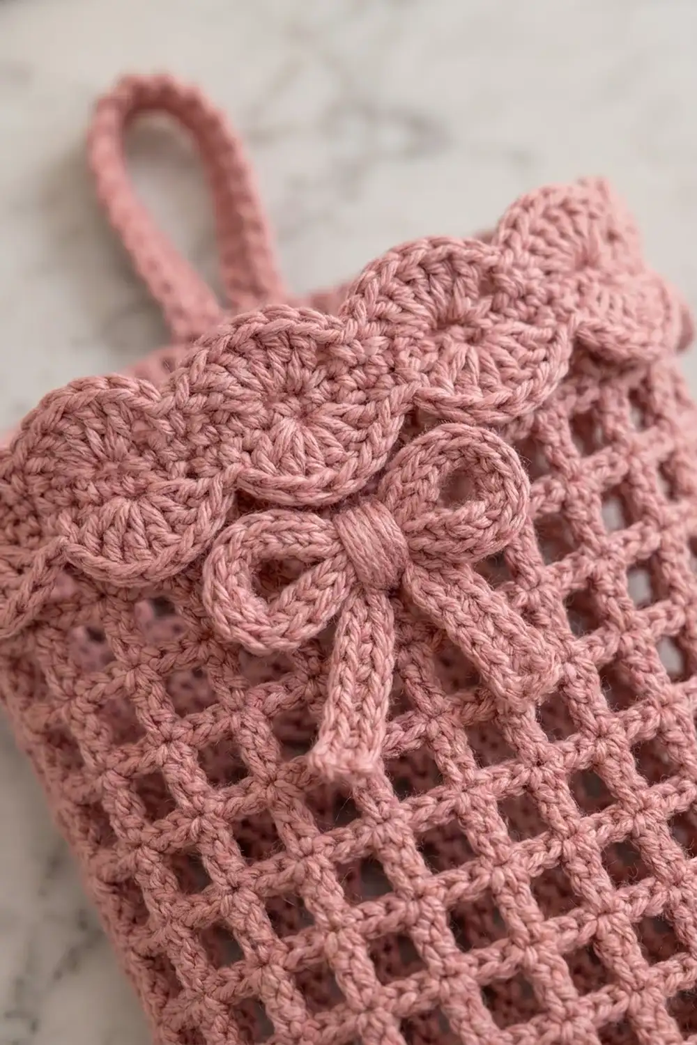 Close-up of a dusty pink crocheted mesh bag showing detailed lacework pattern and twisted rope handles.