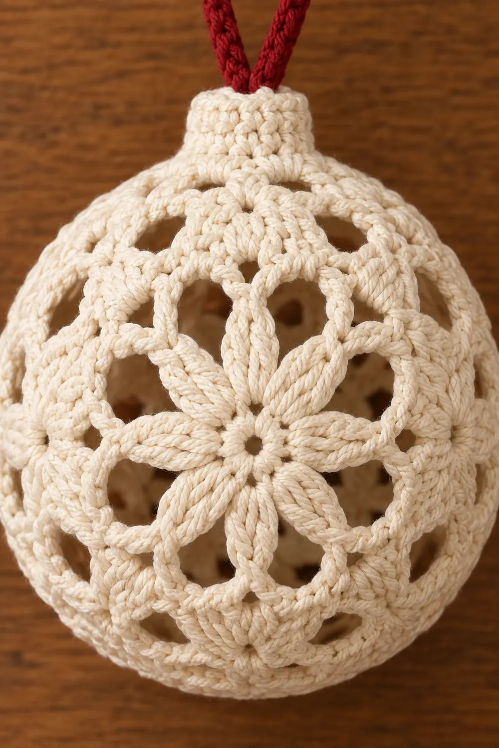 Cream-colored crocheted ornament with intricate lace pattern and burgundy ribbon hanging loop against wooden background.
