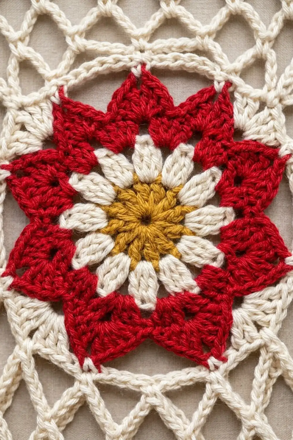 A crocheted flower with red petals, white inner petals, and a golden yellow center on a cream-colored mesh background.