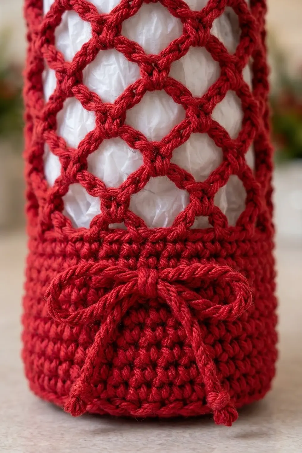 Red crocheted mesh cylinder with white interior lining and decorative bow detail at base.