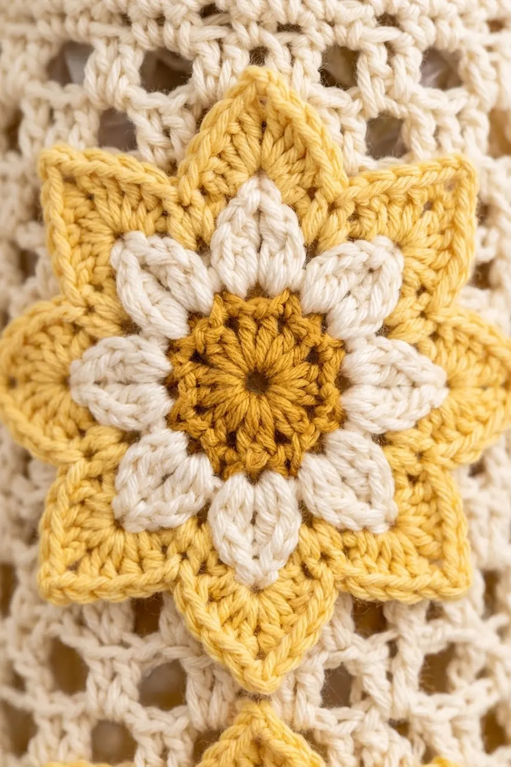 A crocheted flower motif featuring white petals and golden yellow center attached to a cream-colored lacy background.