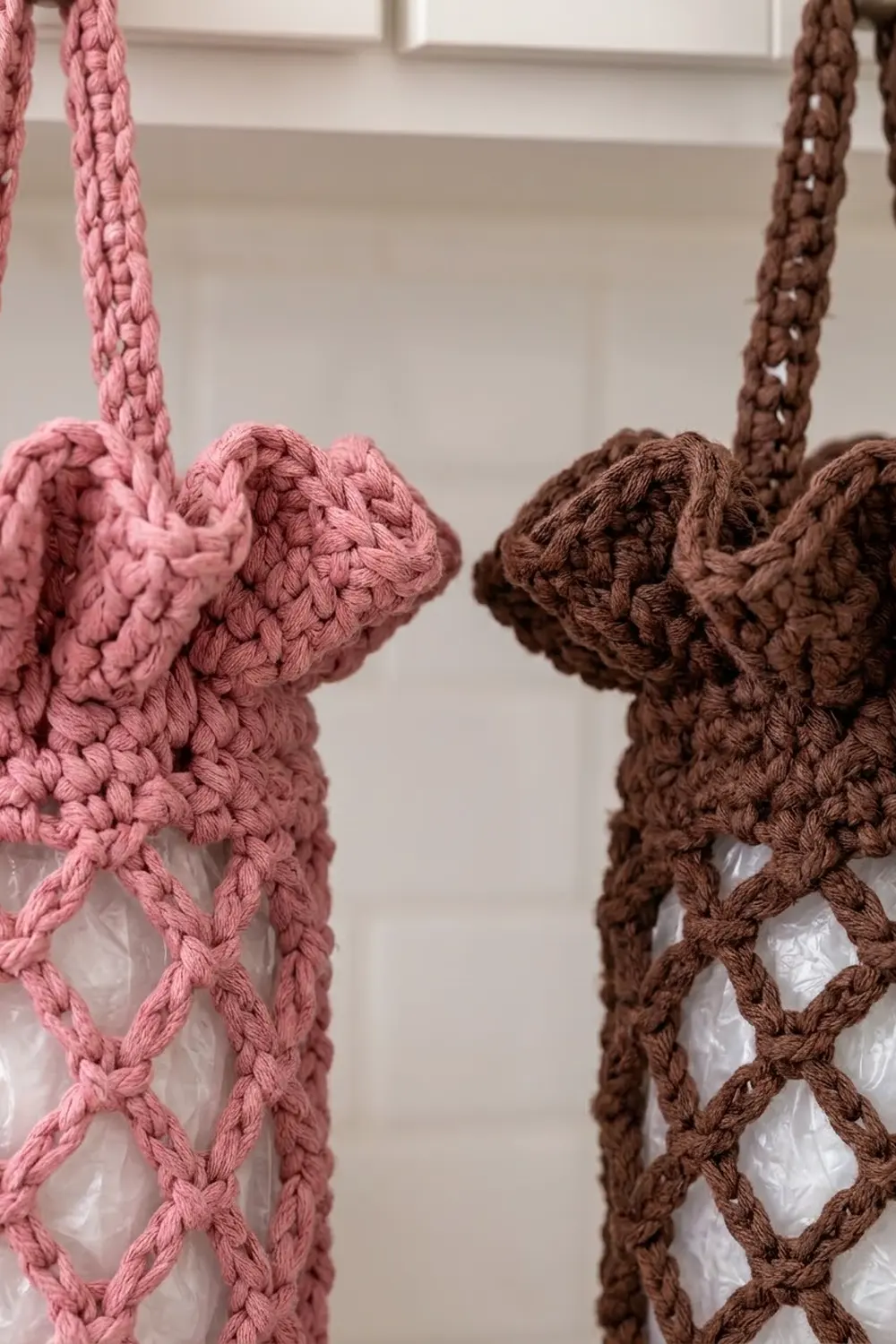 Two crocheted plant hangers in pink and brown macramé displayed against a white paneled wall.