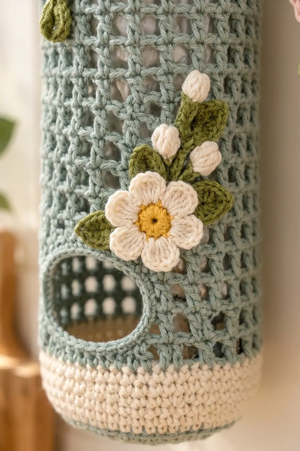 Crocheted sage green mesh sleeve with cream daisy flowers and olive green leaves appliqué detail.