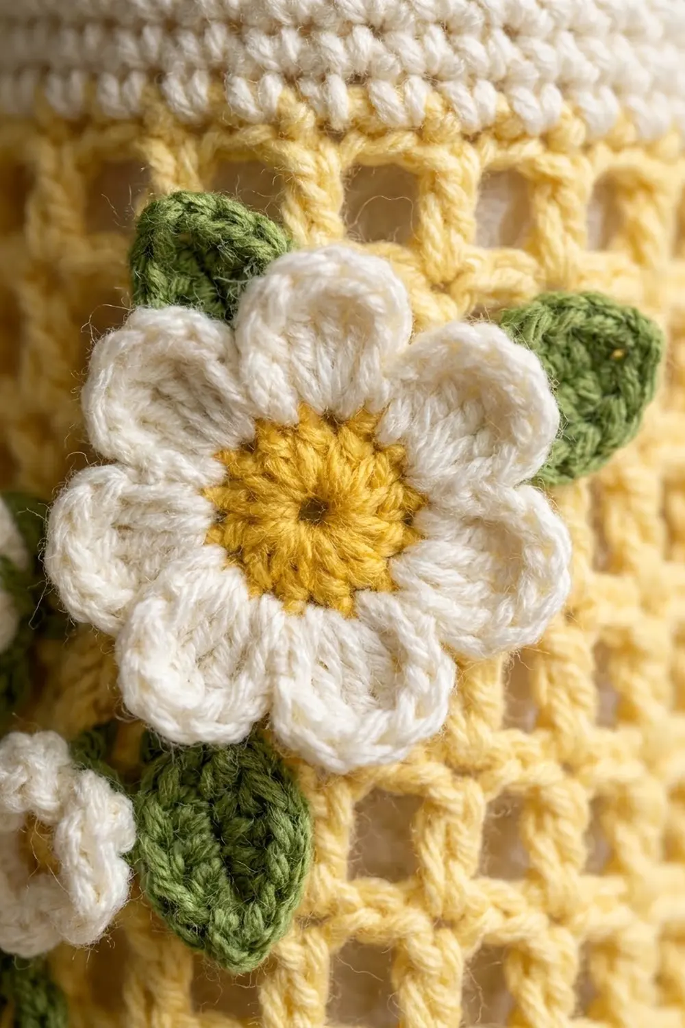 A crocheted white daisy with yellow center and green leaves on a yellow waffle-textured background.