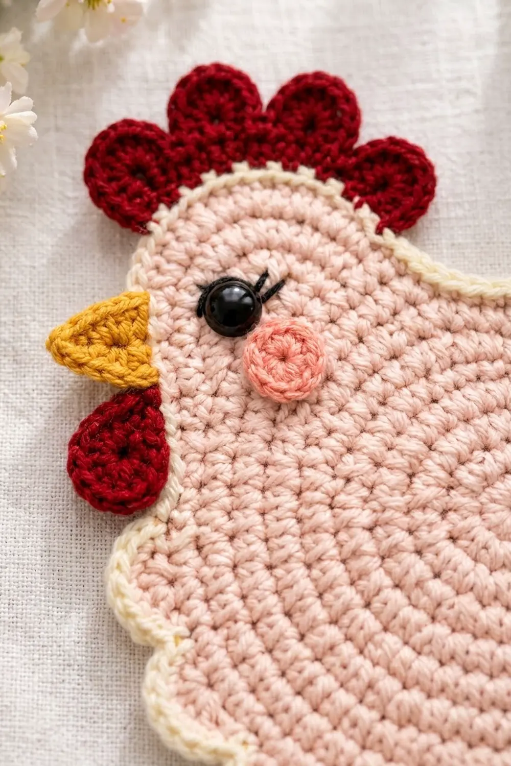 A crocheted pink chicken amigurumi with red comb, yellow beak, and black eyes on white fabric background.