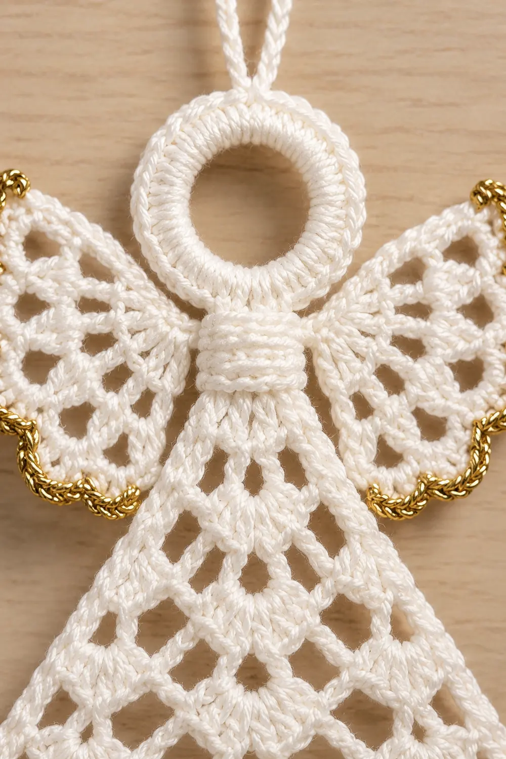 Handmade macramé angel ornament with cream cotton rope and gold trim, displayed on wooden surface.
