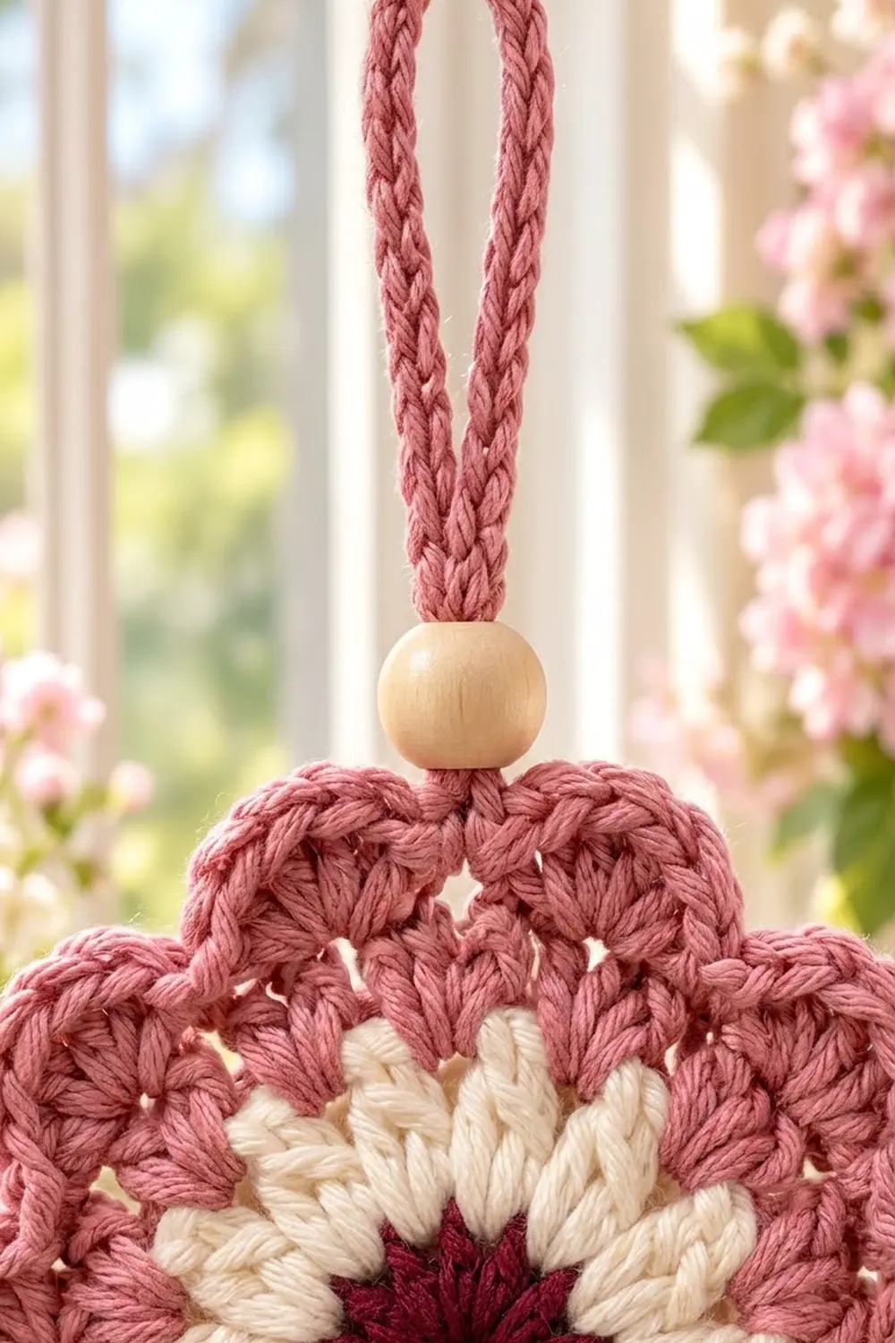 Close-up of a handmade macramé wall hanging with rose pink and cream rope, wooden bead, displayed by a window with pink flowers.