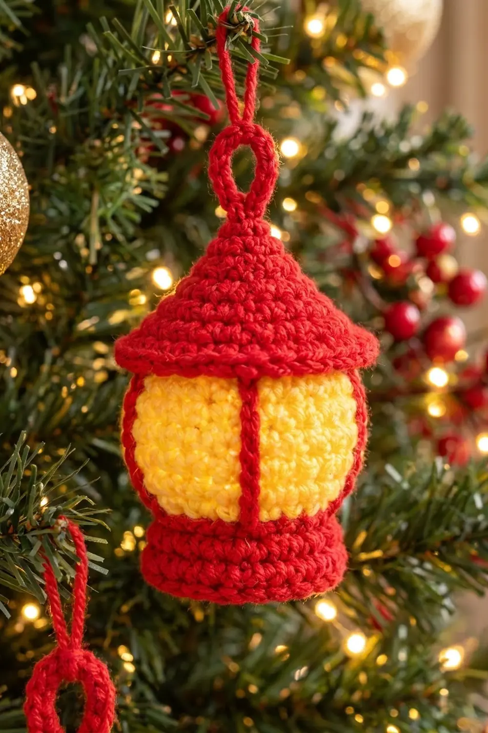 A crocheted red lantern ornament with yellow windows hangs on a decorated Christmas tree with lights.