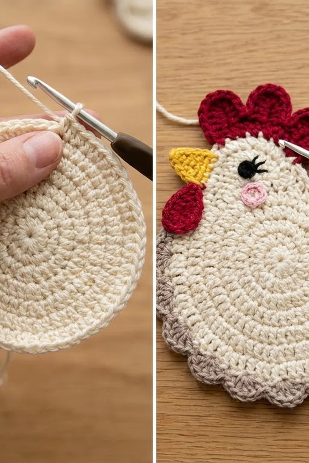 Crocheted cream chicken coaster with red comb and pink nose detail being held with crochet hook.
