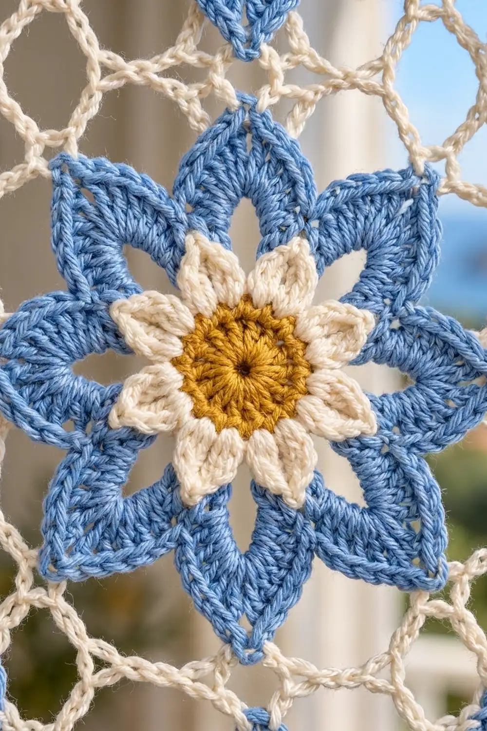 Crocheted flower motif with blue petals, cream center petals, and golden yellow middle attached to beige lattice netting.