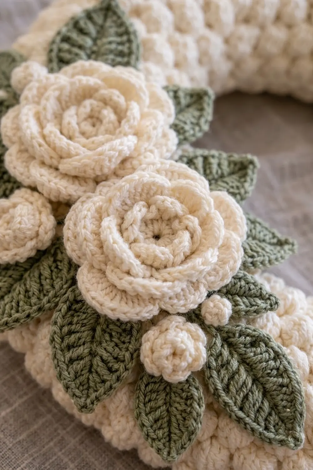 Crocheted cream-colored roses with green leaves arranged as a handmade bouquet on neutral fabric background.