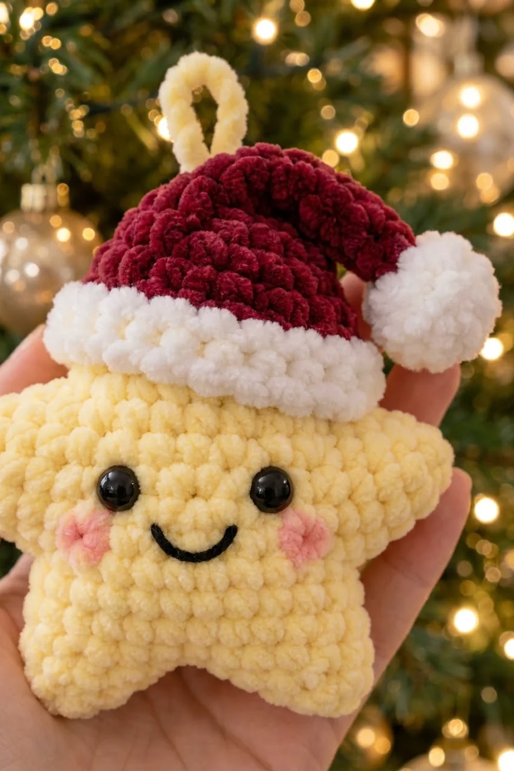 A crocheted yellow star ornament wearing a burgundy and white Santa hat, held in front of a decorated Christmas tree.