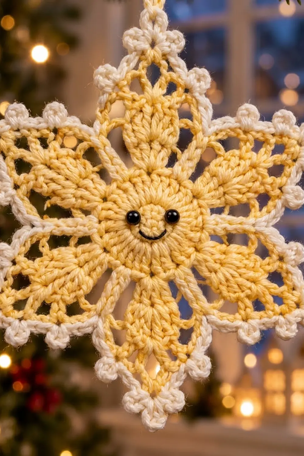 Crocheted snowflake ornament with golden yellow center, white edges, and smiling face hanging in festive setting.