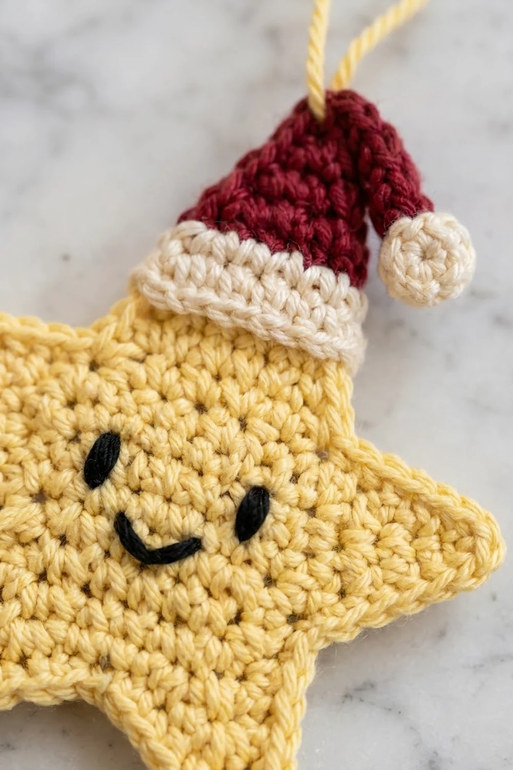 Crocheted yellow star ornament wearing a burgundy and cream Santa hat with a smiling face on marble background.
