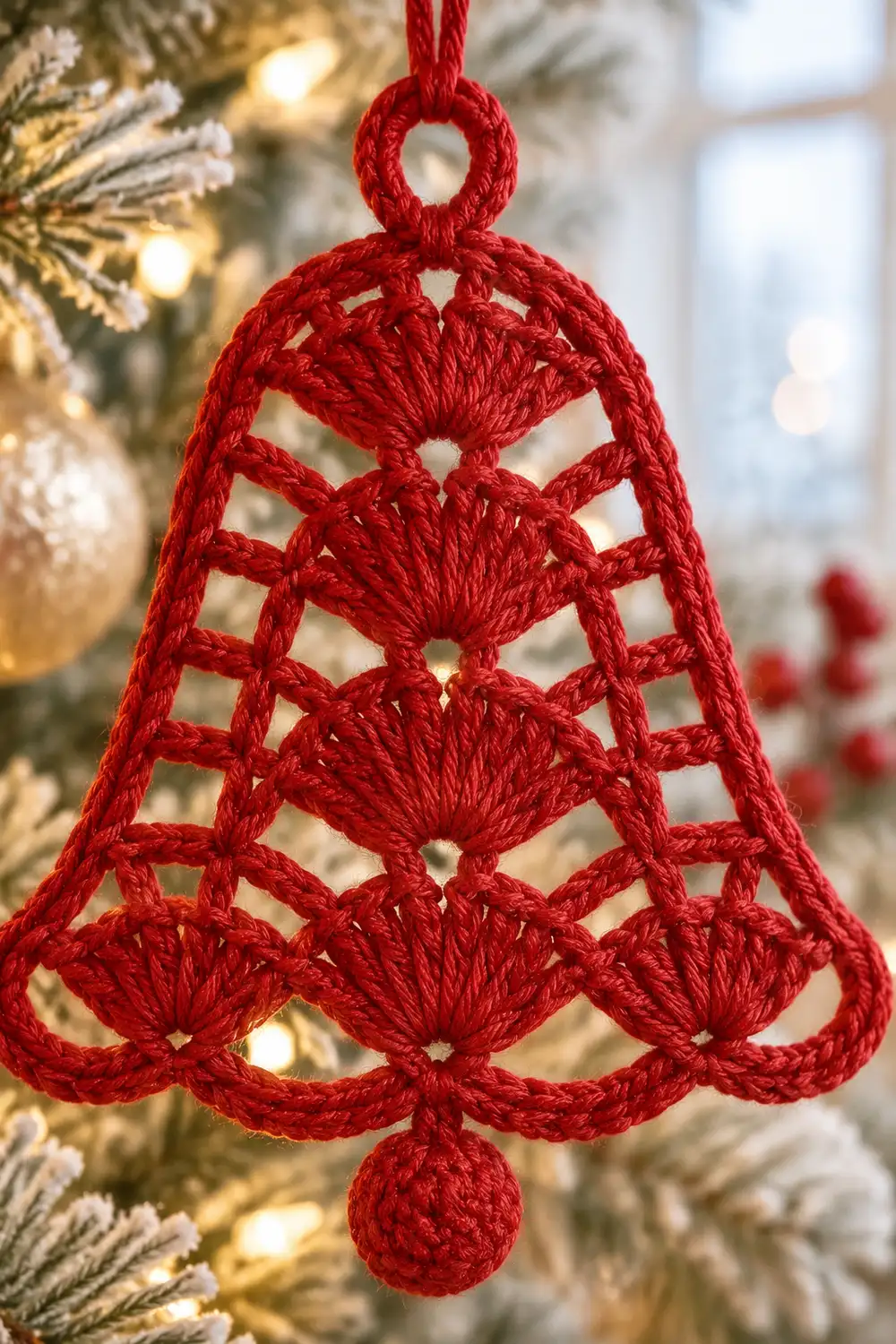 A red crocheted bell ornament with intricate lace pattern hanging on a decorated Christmas tree.